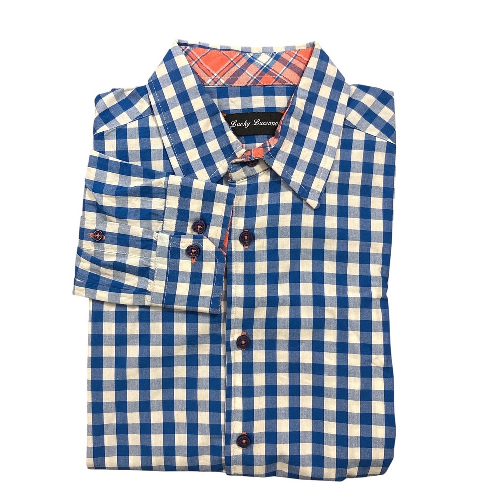 Lucky Luciano Franklin Gingham‎ Shirt Long Sleeve Button Down Plaid Trim Casual